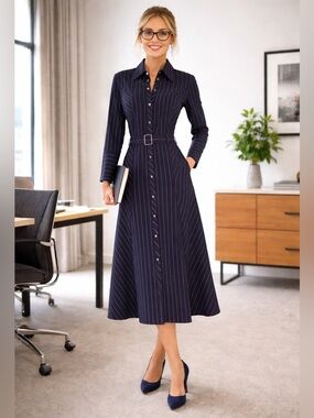 Karen Millen Navy Pinstriped safari-style midi shirt dress👗 Designer Career US 8